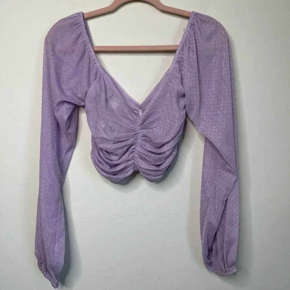 ASOS Size 4 Purple Ruched Sheer Swiss Dot Long Sleeve Crop Top